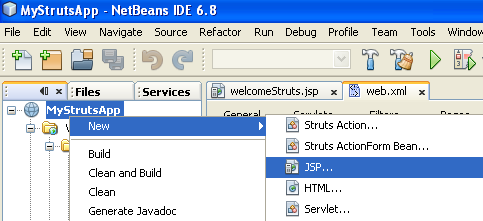 NetBeans with struts framework project - creating new JSP page