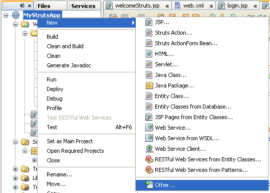 NetBeans with struts framework project - adding new component to the project