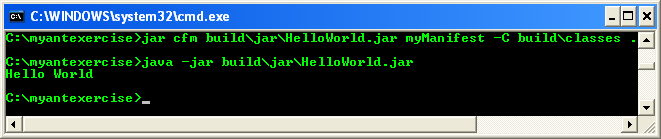 Running the JAR file using java -jar build\jar\HelloWorld.jar command