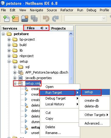 Running the setup script for the Java Pet Store demo application example