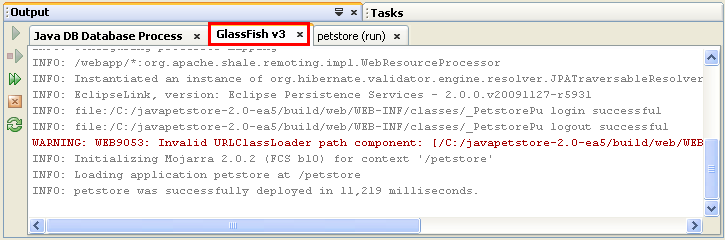 The GlassFish v3 web server activities log