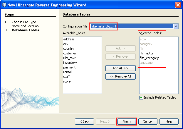 Selecting the database tables into the Hibernate Reverse Engineering Wizard