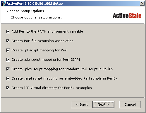 ActivePerl - perl for Windows setup wizard - choosing options