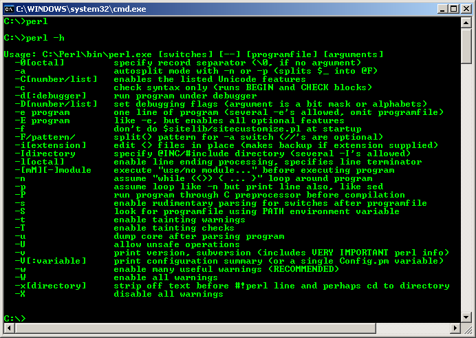 ActivePerl - perl for Windows - running the perl command at Windows command prompt