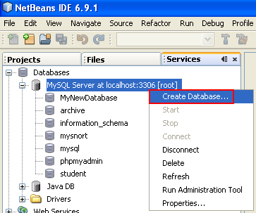 Creating MySQL database from NetBeans 6.9.1