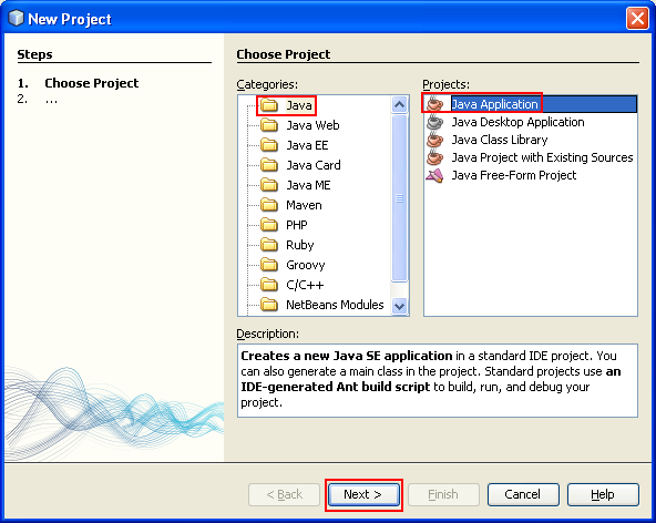 Selecting Java application project from Java categories