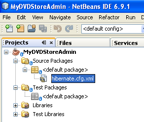 The hibernate.cfg.xml file stored in the <default package> seen from NetBeans Projects window pane