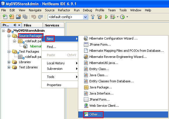 Invoking the Add New File to the Java Hibernate project