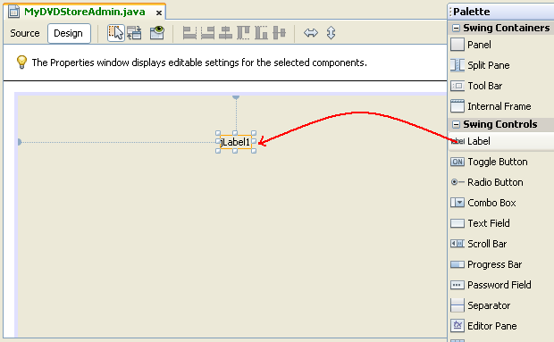 Adding the Java Label element to the JFrame container in NetBeans 6.9.1