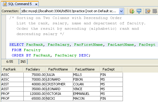 MySQL and NetBeans - SQL database manipulation language (DML) practice screen shots