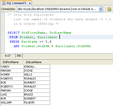 MySQL and NetBeans - SQL database manipulation language (DML) practice screen shots