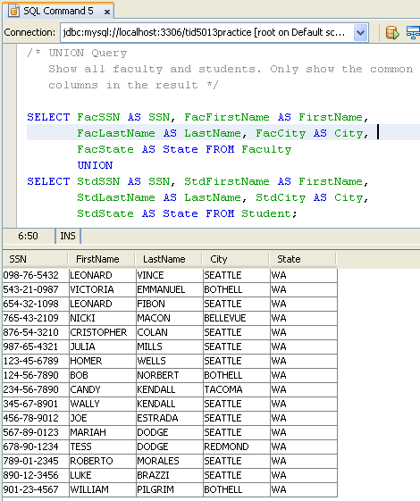 MySQL and NetBeans - SQL database manipulation language (DML) practice screen shots