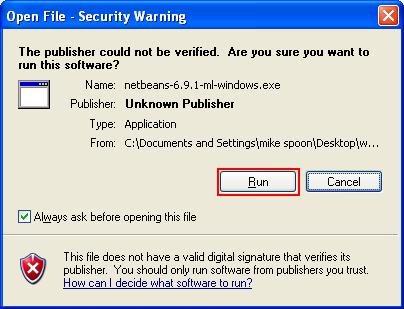 The windows security warning prompt