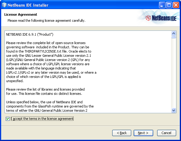 NetBeans IDE Installer: agreeing the license agreement