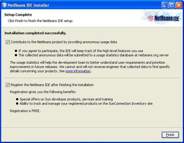 NetBeans IDE Installer: the NetBeans IDE setup was completed successfully