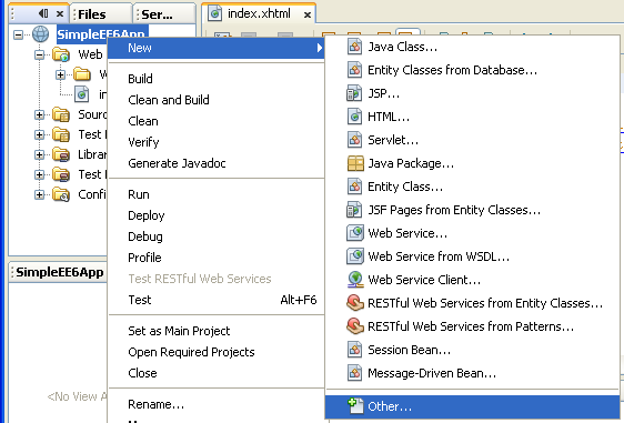 NetBeans IDE: selecting the Java web application project, invoking the new project menu