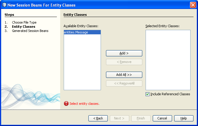 NetBeans IDE: selecting the Java web application project, selecting the available entity class 