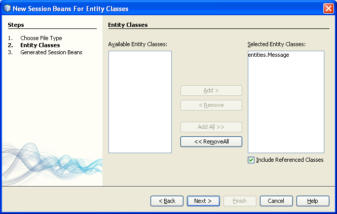 NetBeans IDE: selecting the Java web application project, the available entity class was selected