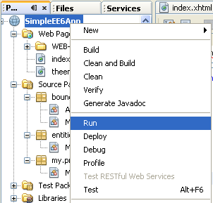 NetBeans IDE: selecting the Java web application project, running the project