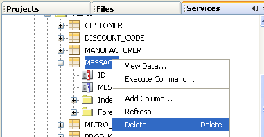 Deleting the table in the database