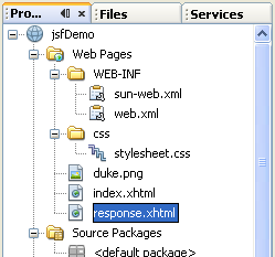 The response.xhtml file seen in NetBeans IDE Project page