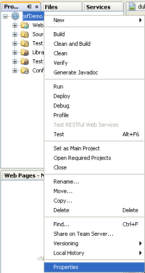 Invoking the NetBeans JSF project property page