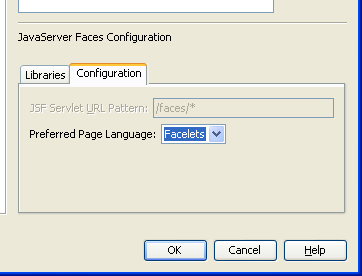The JSF configuration settings or options page