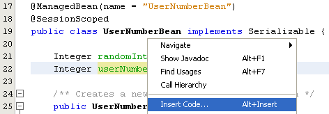 Invoking the Insert Code context menu