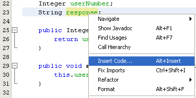 Invoking the Insert Code context menu for Getter method