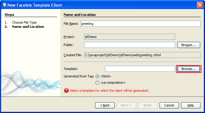 Choosing the new facelets template client file name and location