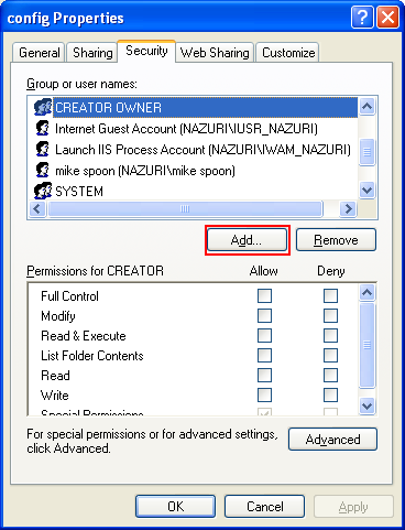 Adding Internet group or user to the existing directory permission security