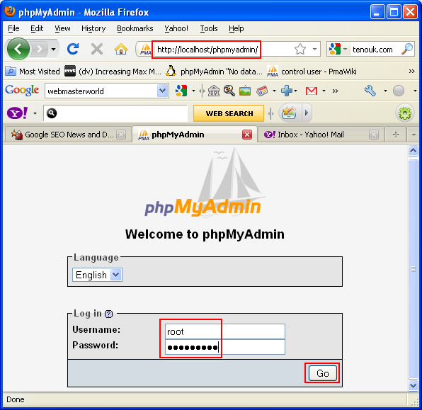 Another phpmyadmin login page using root username and its password