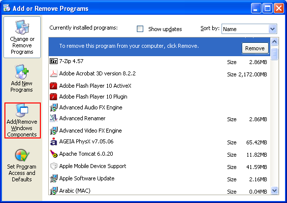 Windows Add or Remove Programs page