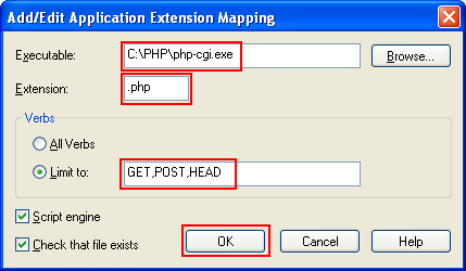 The Default Web Site property page of IIS - a complete addition of the application extension mapping for .PHP parsing by IIS web server