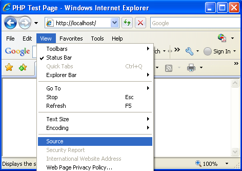 Testing the PHP code from Internet browser on IIS web server - blank page - viewing the source page