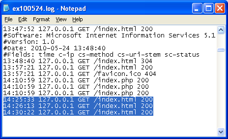 The log file shows the index.html page was loaded successfully with 200 returned code