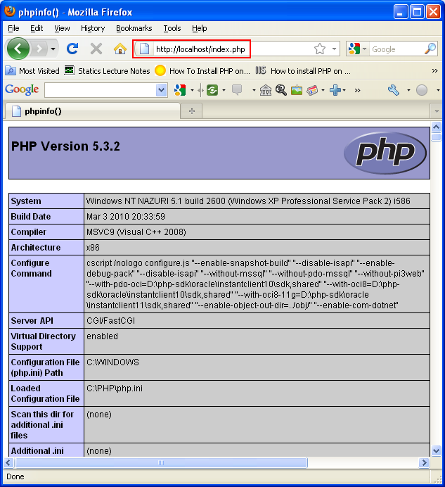 Loading the  PHP  page which extracting the PHP info (php -i) successfully using Internet Explorer browser