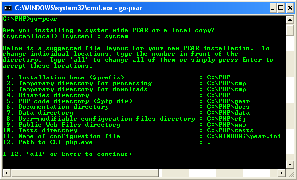 Running the go-pear at the Windows command prompt
