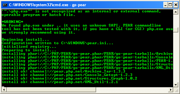 Running the go-pear at the Windows command prompt - the download process begins