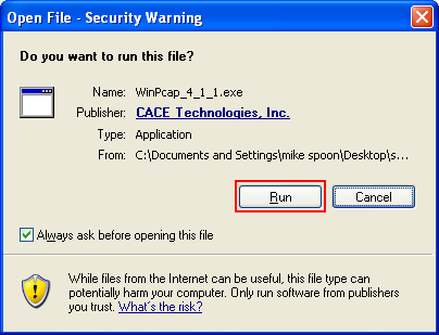 Windows security warning when trying to run WinPcap binary
