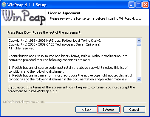 The WinPcap License agreement