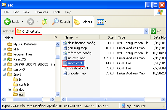 The Snort config file, snort.conf under the etc sub folder