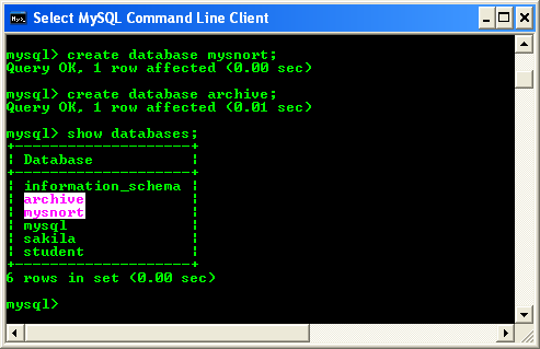 Showing database mysql command