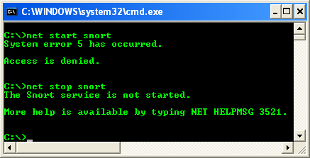 Using Windows NET command to start/stop/restart Snort service in Windows