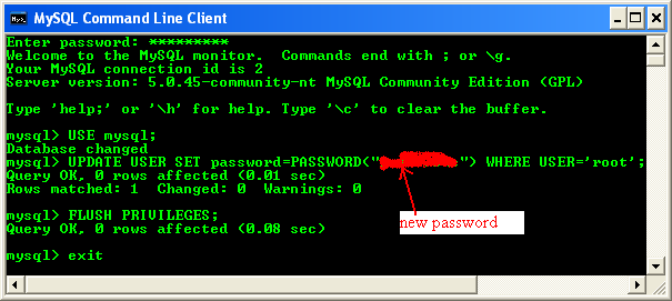 Changing mySQL root password using the UPDATE USER command