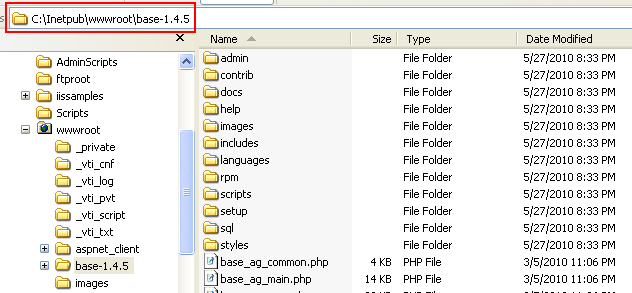 The extracted Basic Analysis and Security Engine (BASE) files and folders put under default IIS web root folder