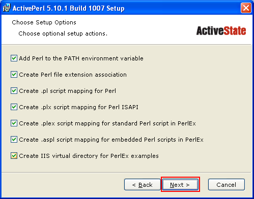 ActivePerl, Perl for Windows - choosing the setup options