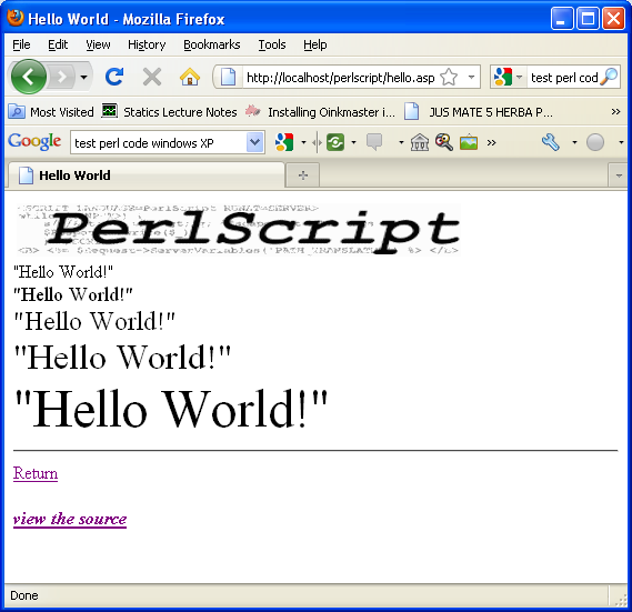 ActivePerl, Perl for Windows - the Perl Hello World script example tested from Internet browser